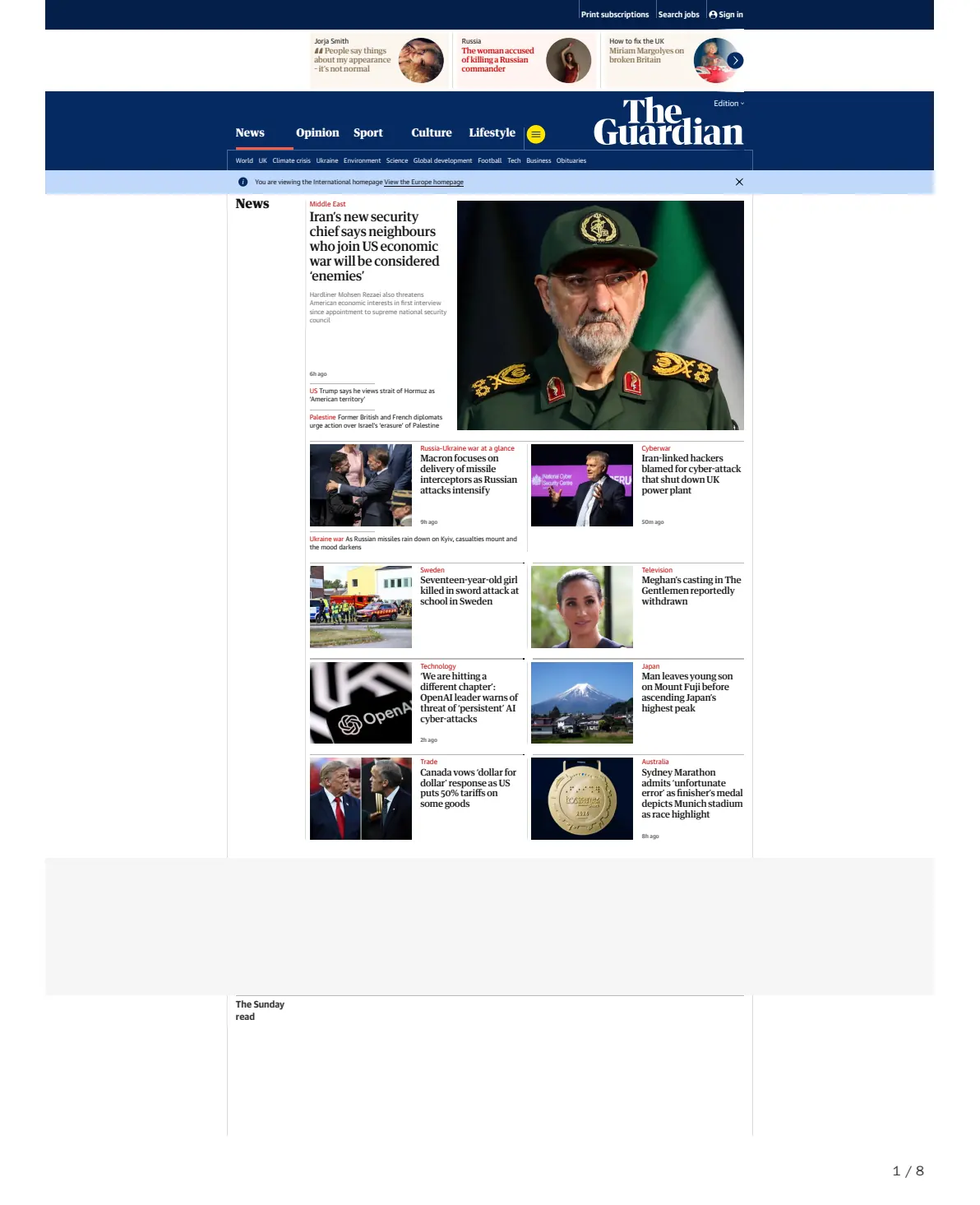 Page one of the same front page printed to PDF with media=screen: masthead, grid and all the images.