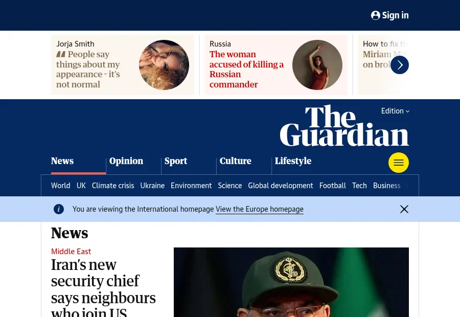 theguardian.com rendered by the API: the front page, with no consent dialog over it.